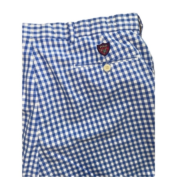 POLO GOLF Ralph Lauren Cotton Blue/White Gingham Flat Front Shorts Size 36 - Picture 6 of 11